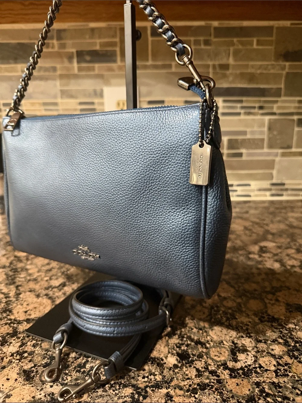 Coach EUC Pebbled Carrie Leather crossbody metallic blue
